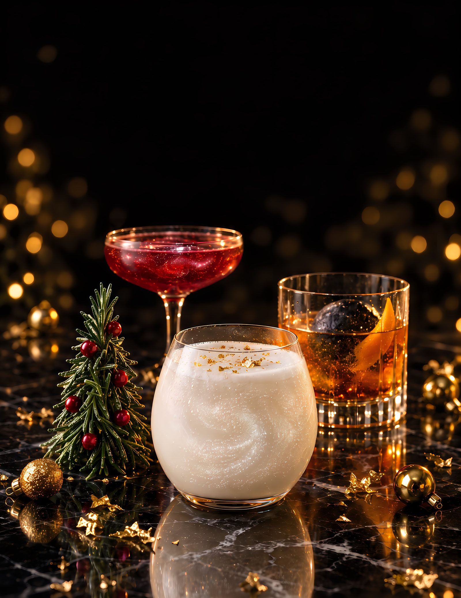 Christmas cocktails on a black marble bar
